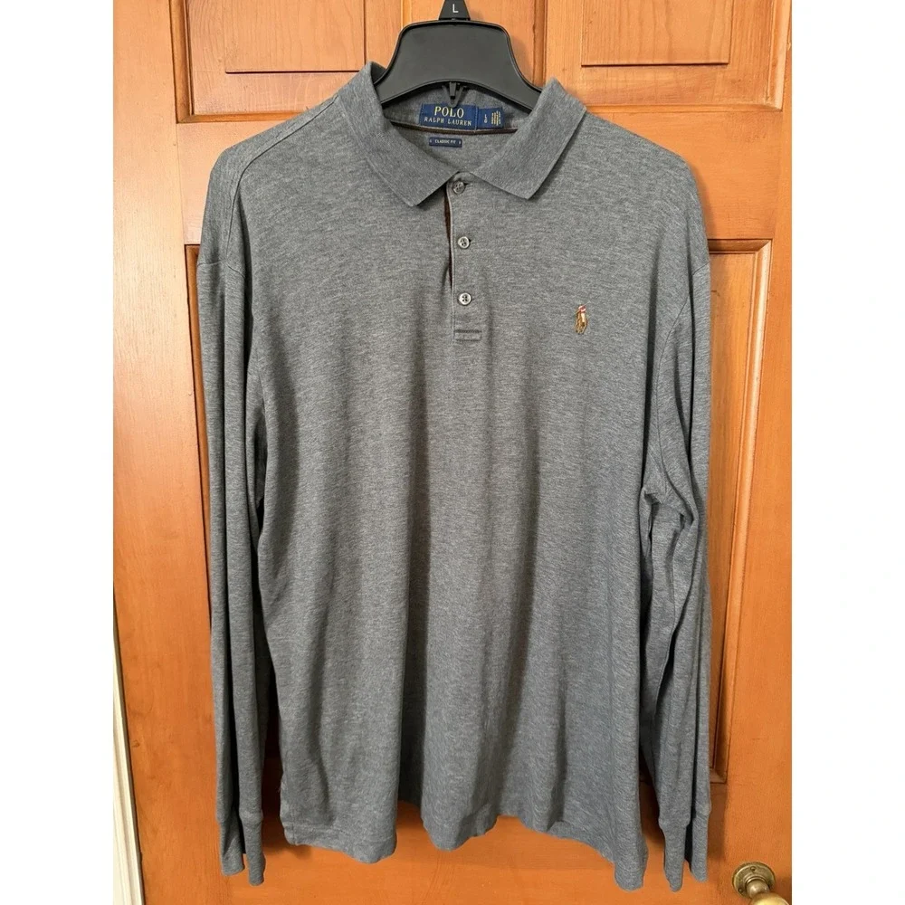 Men's Polo Ralph Lauren Gray Long Sleeve Classic Fit Polo Short Large Cotton